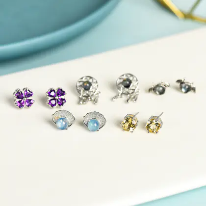 Multi-element Earrings, Silver Pin, Crystal Shell Clover, Faceted, Sweet Style, Wholesale