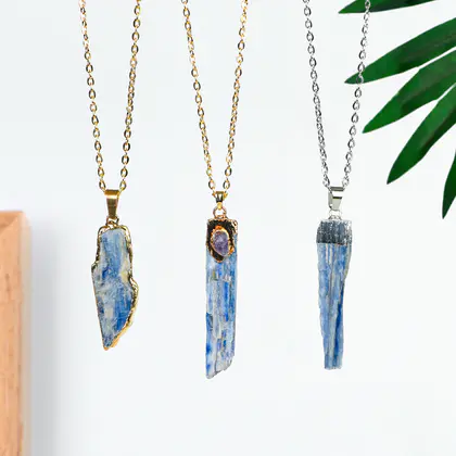 Blue Kyanite Raw Electroplated Pendant, Elegant Simple, Gold Plated