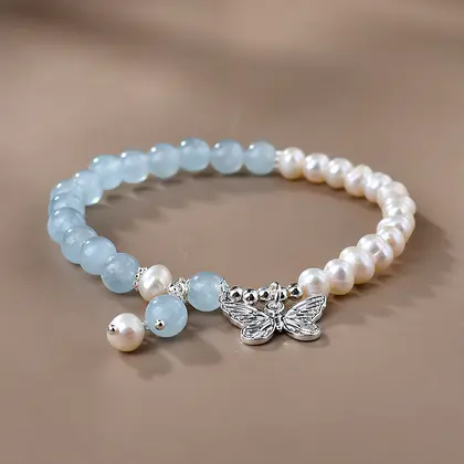 [Design] Aquamarine pearl single ring bracelet (butterfly)