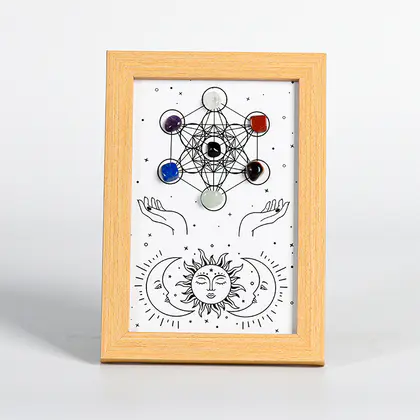 Metatron Hexagon Raw Crystal Photo Frame, Sun Moon Bee, Wooden, Housewarming Gift