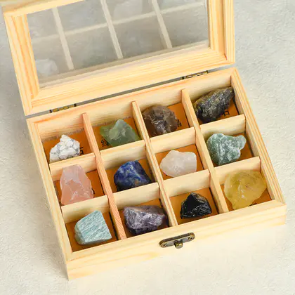 Raw/Tumbled Stone Mineral Specimen Wooden Box