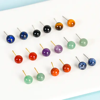 8mm Round Beaded Stud Earrings Foreign Trade Accessories Natural Crystal Raw Stone Earrings Temperament Individuality Sweet Earrings Wholesale