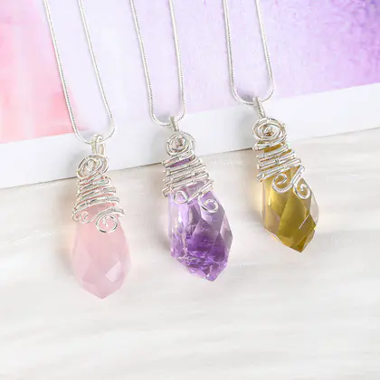 Natural Raw Crystal Pendant, Wire-wrapped, Amethyst & Fluorite, Premium Pendulum Necklace
