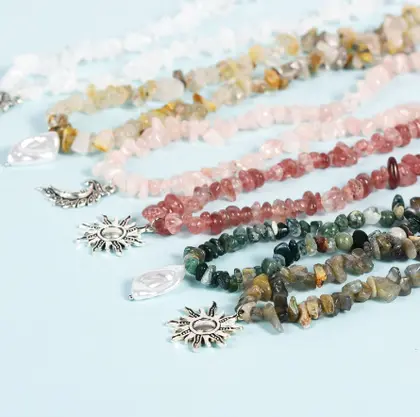 Chip Bead Sun Moon Pearl Pendant Necklace (Multi-color) Loose Chip Beads, Amethyst Irregular