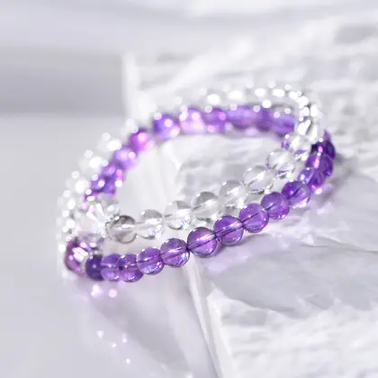 [Design] Natural White Crystal Amethyst Faceted Double Ring Bracelet Amethyst with White Crystal Double Ring Design Bracelet Round Beaded Transparent Crystal Women's Jewelry Bracelet