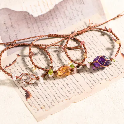 Raw Stone Wax Cord Woven Bracelet, Net Pouch Style, Herkimer Diamond & Amethyst, Vintage