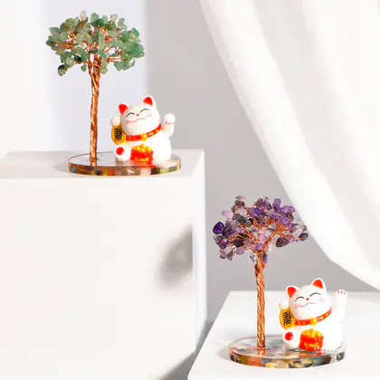 Lucky Cat Crystal Tree - Resin Base