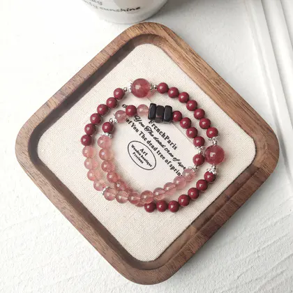 [Design] Strawberry Crystal Cinnabar Fragrant Wood Double Bracelet BAC1569