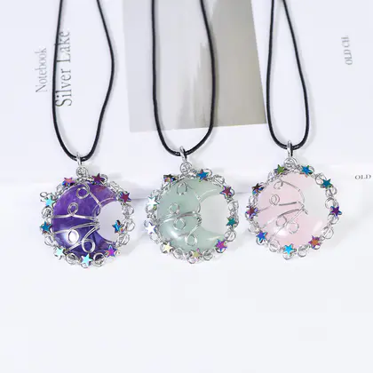 Star & Moon Wire-wrapped Galaxy Crystal Pendant