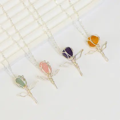 Raw Stone Wire-wrapped Rose Pendant