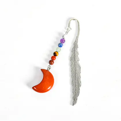 Chakra Bead Moon Pendant Feather Bookmark (Multi-color) Natural Crystal, Creative Gift