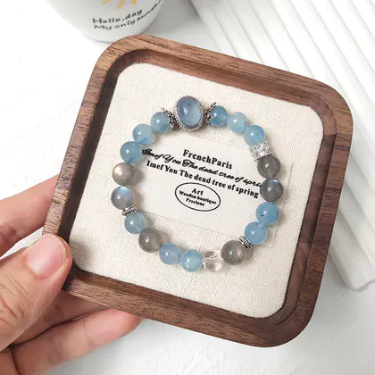 [Design] Aquatic Crystal Aquamarine. Grey Moonlight.White Crystal Single Ring Bracelet