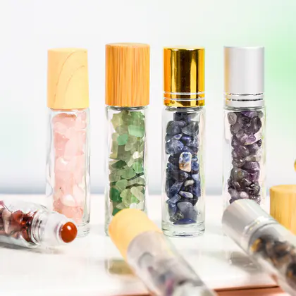Crystal Chips Essential Oil Roller Bottle, Best Seller, 10ml Wood Grain Lid, Perfume Bottle