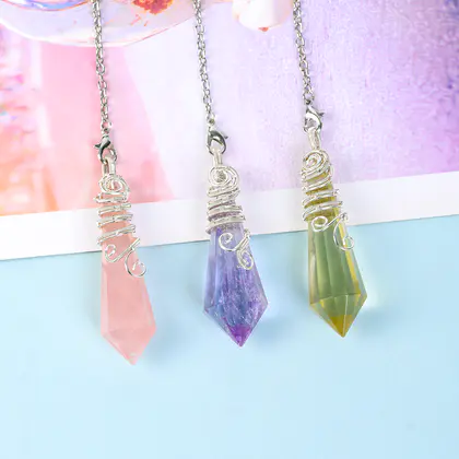 12-facet Wire-wrapped Natural Crystal Pendulum Pendant, Amethyst Cone