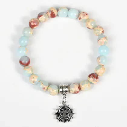 Synthetic Snakeskin Jasper Charm Bracelet, Amazonite Beads, Tree of Life & Starfish Pendant